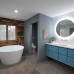 Round tub, bathtub ideas wood wall bathroom plant wall open water closet blue vanity round bathroom mirrors round mirrors medicine cabinet ideas