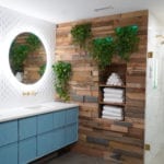 Bathroom Remodel in Atlanta bathroom design bathroom ideas contemporary vanity, marble tile, walk in shower, gold shower, gold faucets, wood wall, white tile, round mirrors.