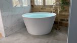 round bathtub, ofuro tub white ofuro tub marble tile bathroom ideas bathtub ideas gold tub filler wood wall plant wall